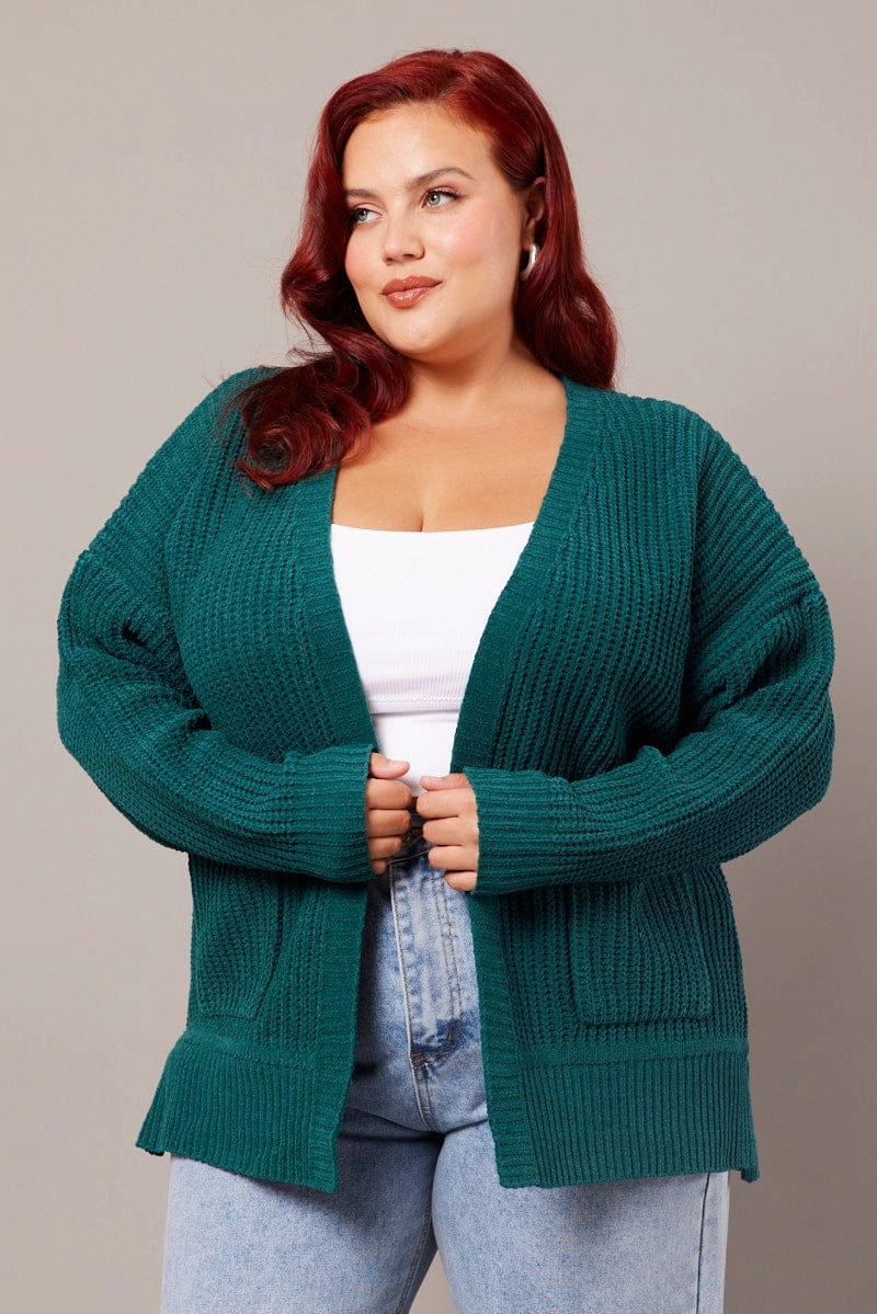 Green Knit Cardigan Longline Chenille Essential Casual Look