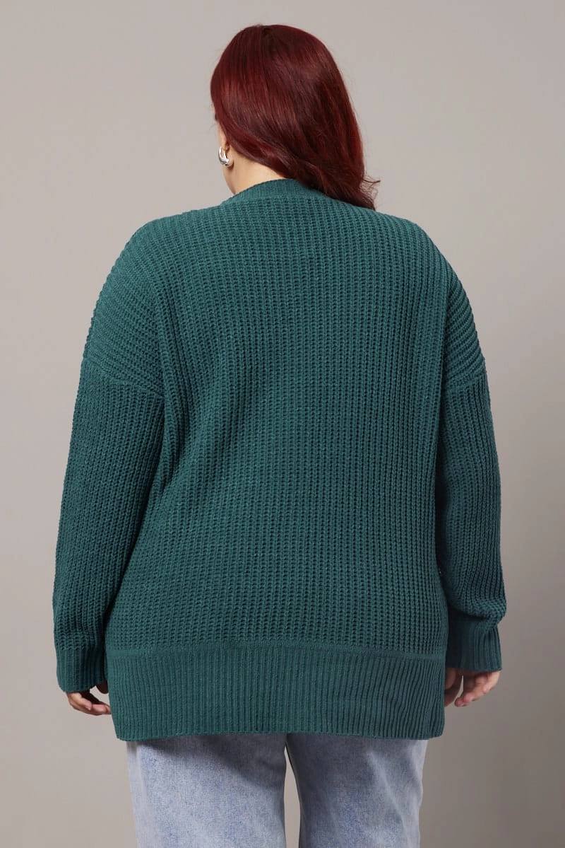 Windproof Inner Layer Reflective Safety Details Green Knit Cardigan Longline Chenille