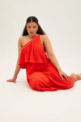 Soft Waist Sleek and Sleek Red Midi Dress One Shoulder Frill Linen Blend