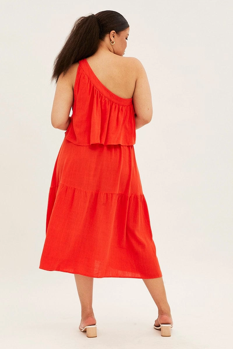 Red Midi Dress One Shoulder Frill Linen Blend Chic Comfort Soft Feel
