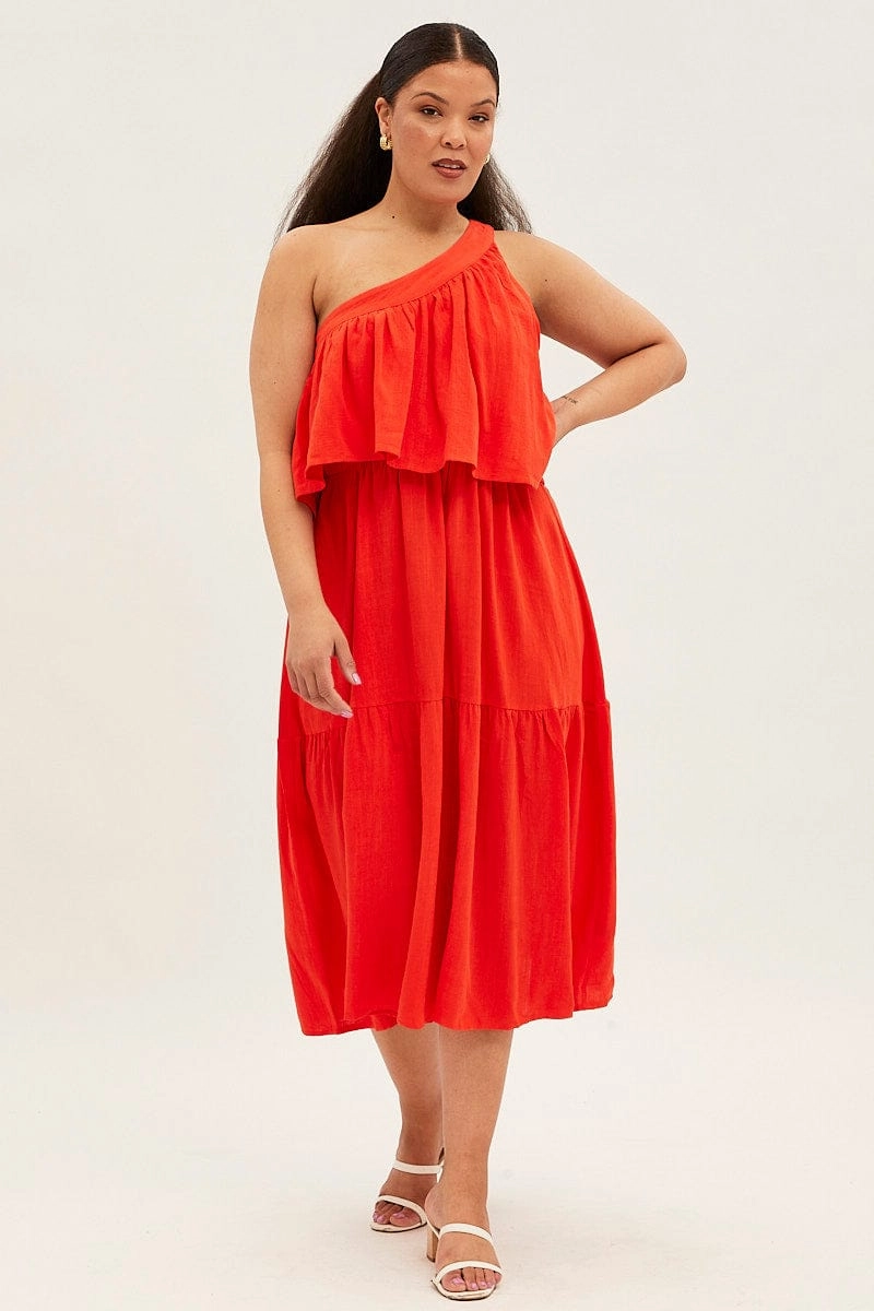 Red Midi Dress One Shoulder Frill Linen Blend Relaxed and stylish