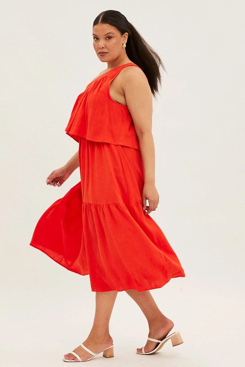 Noble Glow Modern and Feminine Red Midi Dress One Shoulder Frill Linen Blend