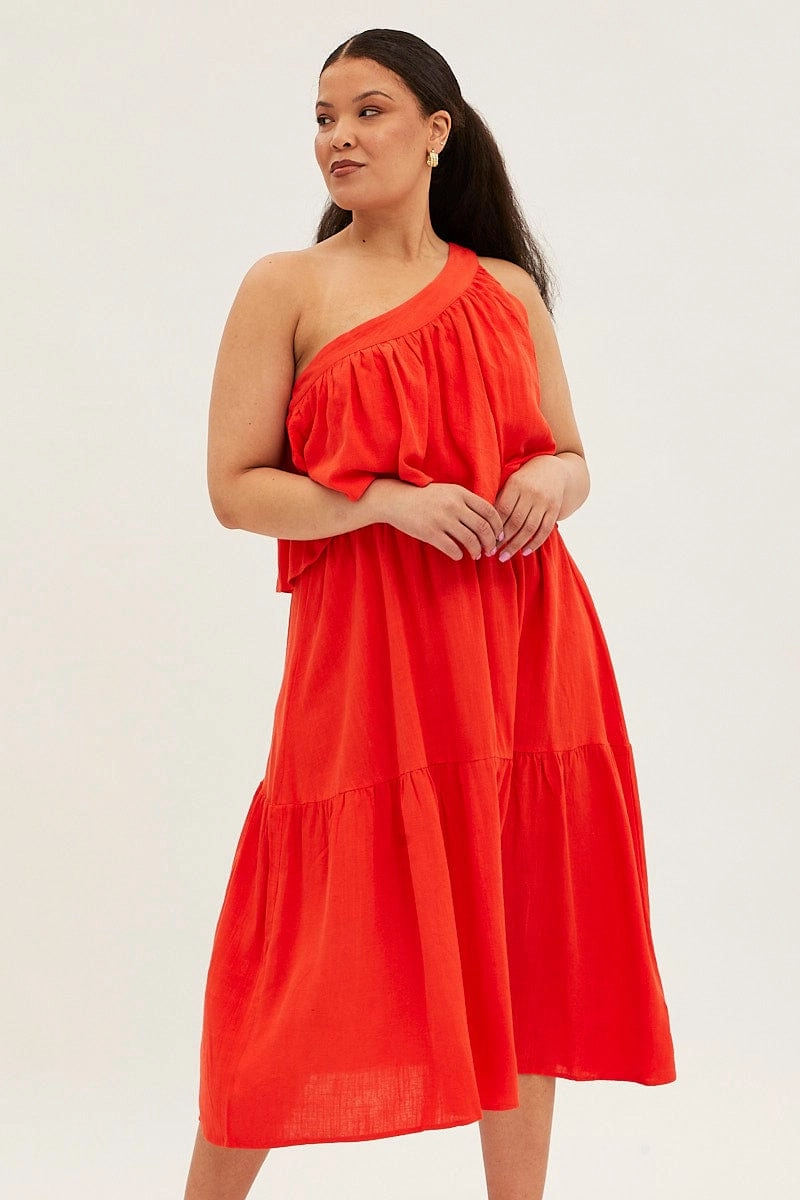 Cafe Vibe Red Midi Dress One Shoulder Frill Linen Blend