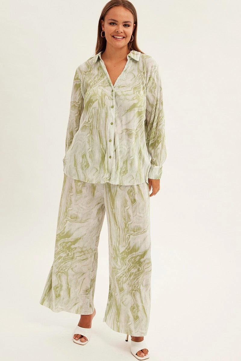 Stylish Appearance Versatile Styling Green Abstract Relaxed Shirt Long Sleeve V-neck Plisse