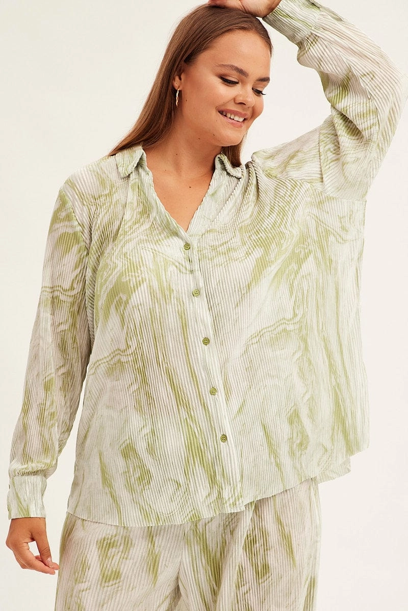 Ergonomic Back Panel Simple Style Green Abstract Relaxed Shirt Long Sleeve V-neck Plisse