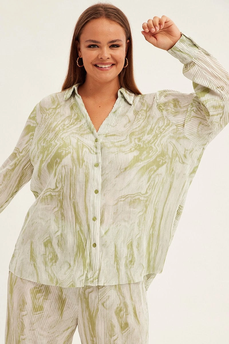 Green Abstract Relaxed Shirt Long Sleeve V-neck Plisse Odor Control Technology