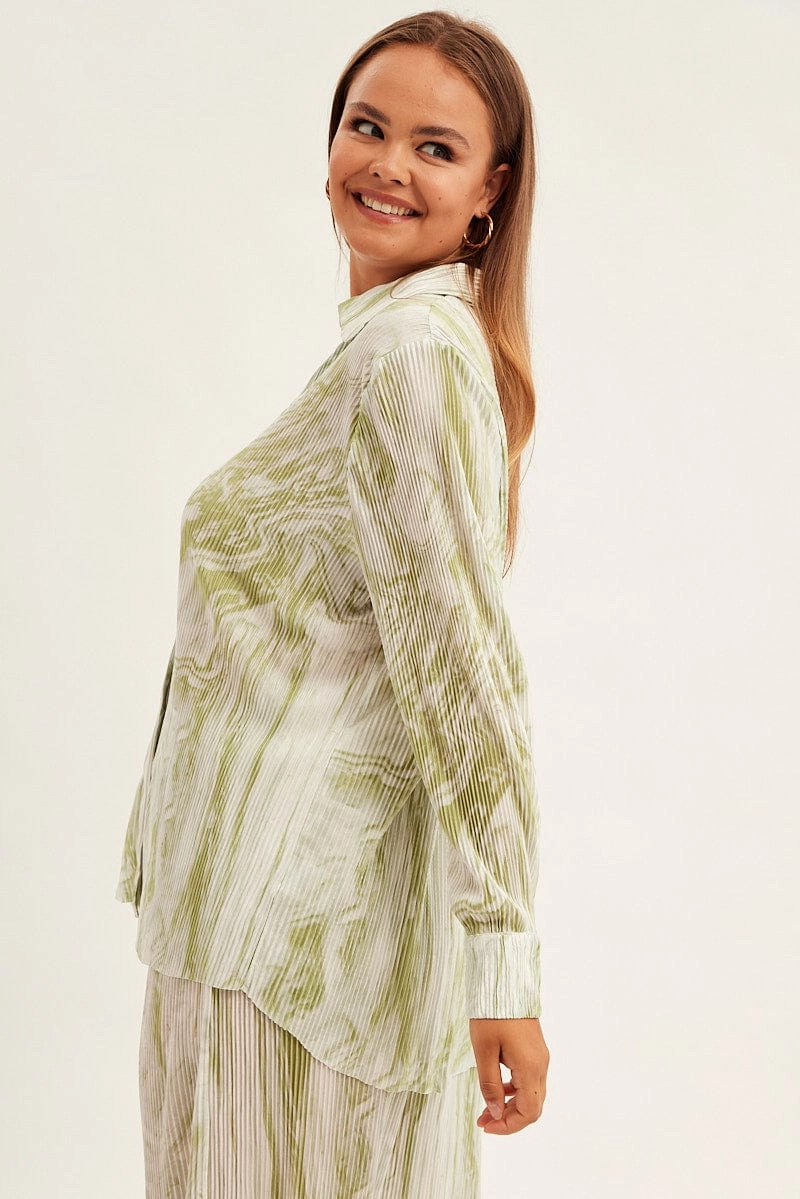 Green Abstract Relaxed Shirt Long Sleeve V-neck Plisse shopping spree Checkered Print