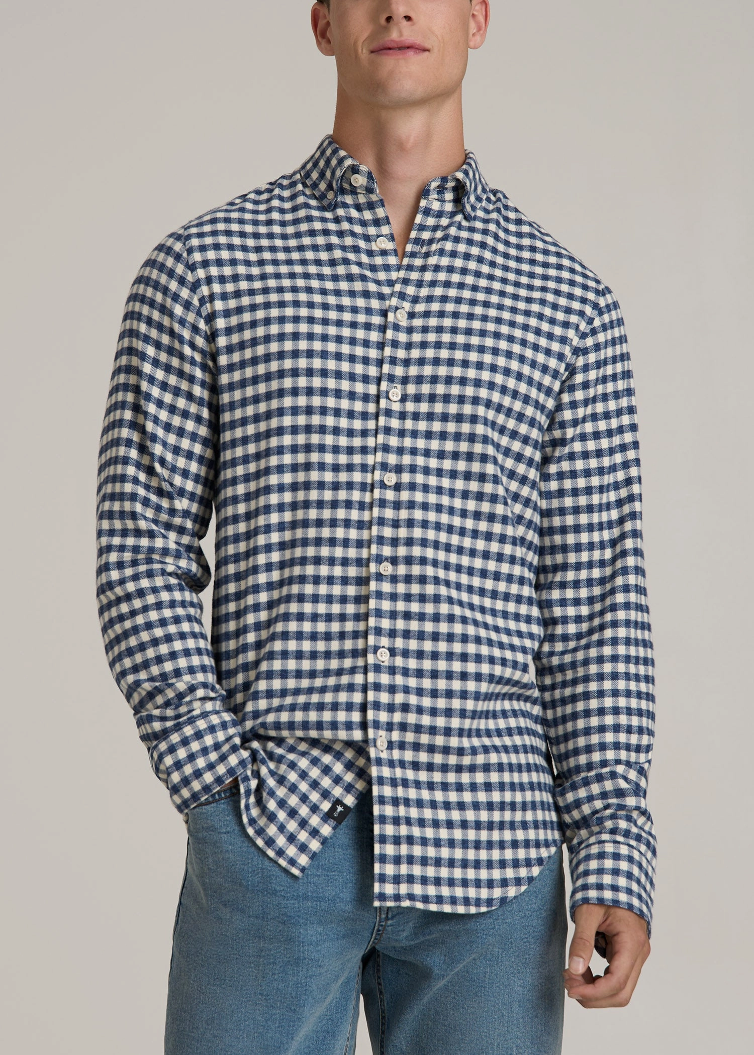 Midweight Brushed Flannel Button Shirt for Tall Men in Blue and Ecru Gingham Weighted Hem Trim