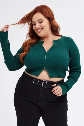 Clean Minimal Look Green Knit Cardigan Zip Up Ribbed