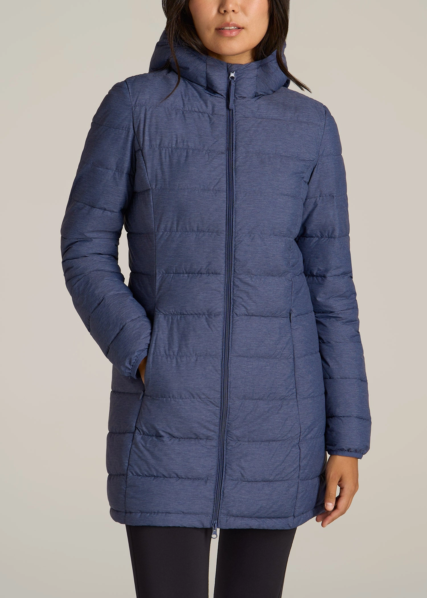 Breathable Layer Packable Puffer Jacket for Tall Women in Blue Space Dye