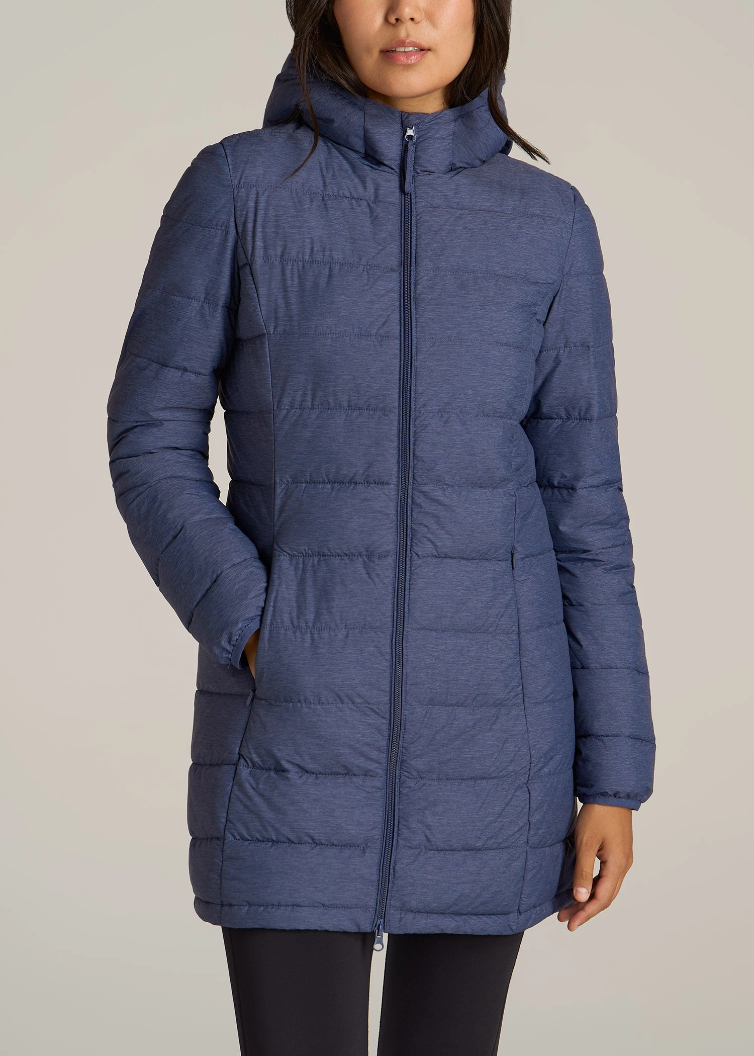 Packable Puffer Jacket for Tall Women in Blue Space Dye Compressed Packing Design