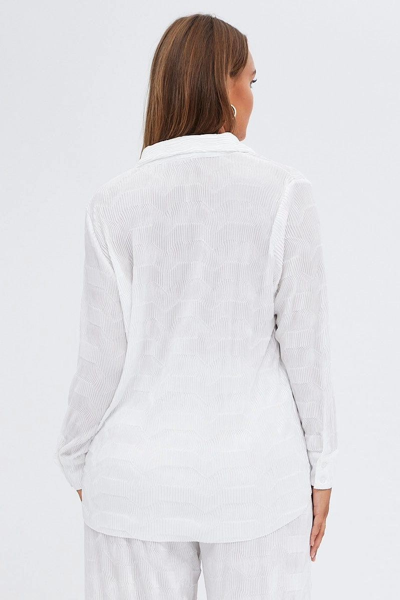 Anti-static White Relaxed Shirts Long Sleeve Plisse