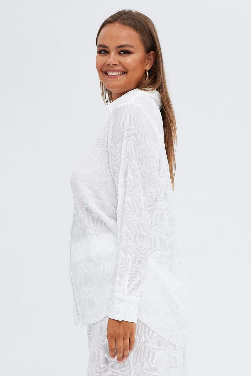 White Relaxed Shirts Long Sleeve Plisse Simple Fit