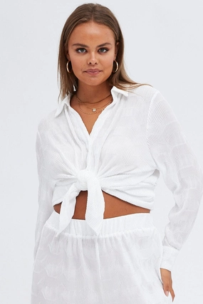 White Relaxed Shirts Long Sleeve Plisse Seasonal Wear