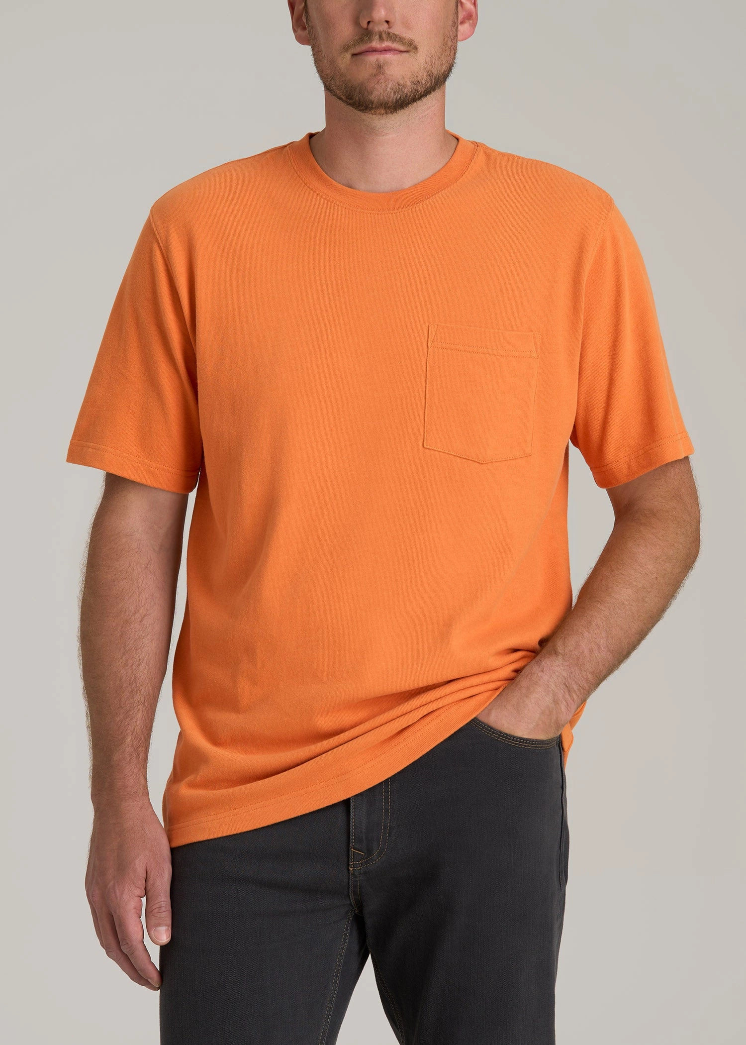 Double Stitched Hem LJ&S Workwear Pocket T-Shirt for Tall Men in Marmalade