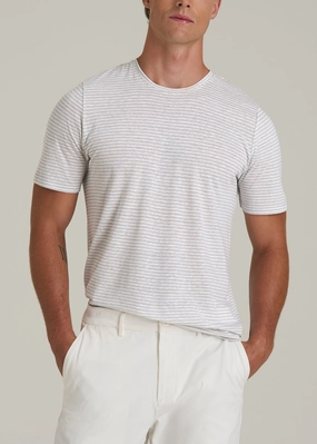 Linen Crewneck T-Shirt for Tall Men in Grey and White Mini Stripe LightweightWeave LowProfileZipperSystem