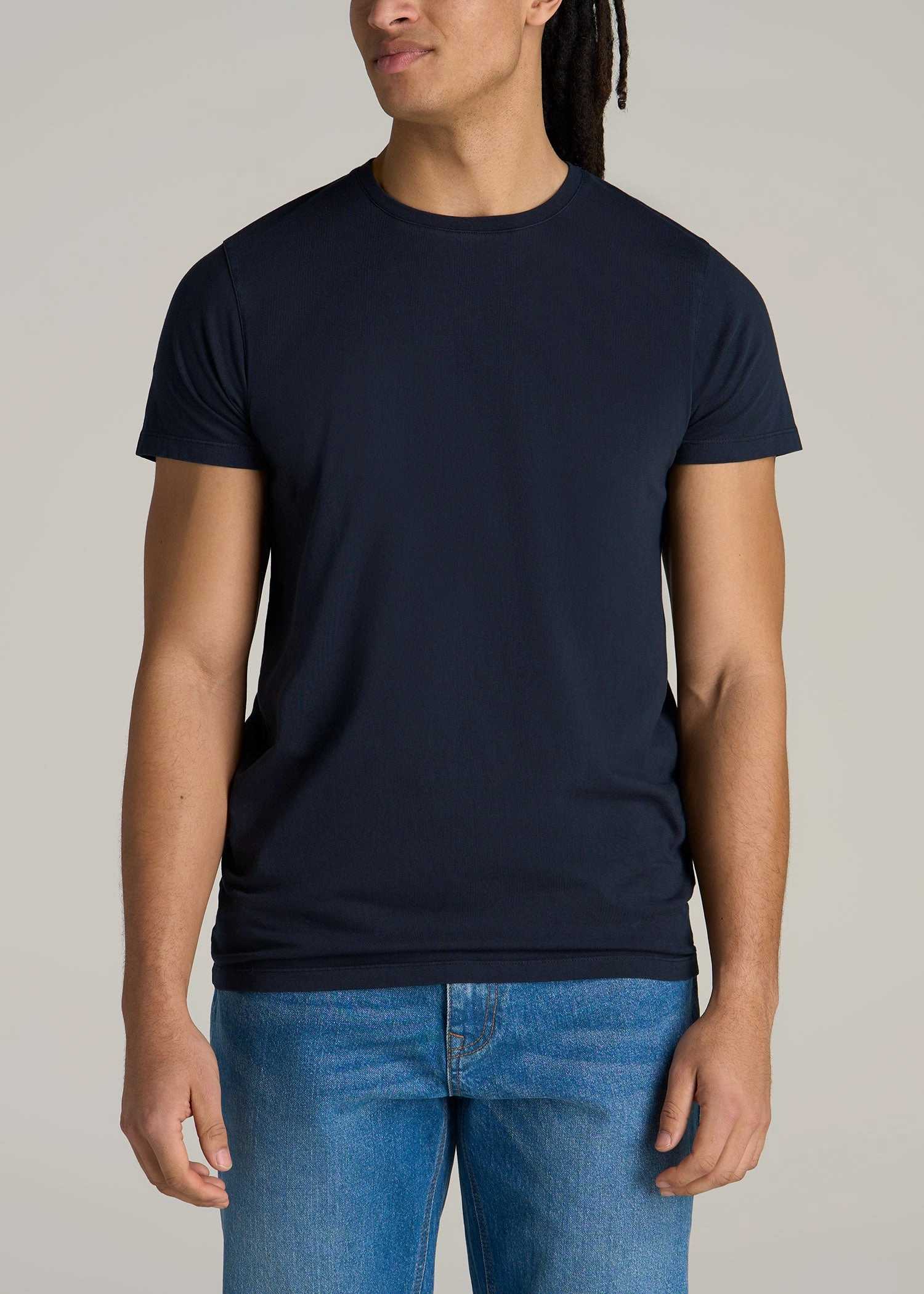 standard fit Interlock Stitch Detail MODERN-FIT Garment Dyed Cotton Men's Tall T-Shirt in Evening Blue