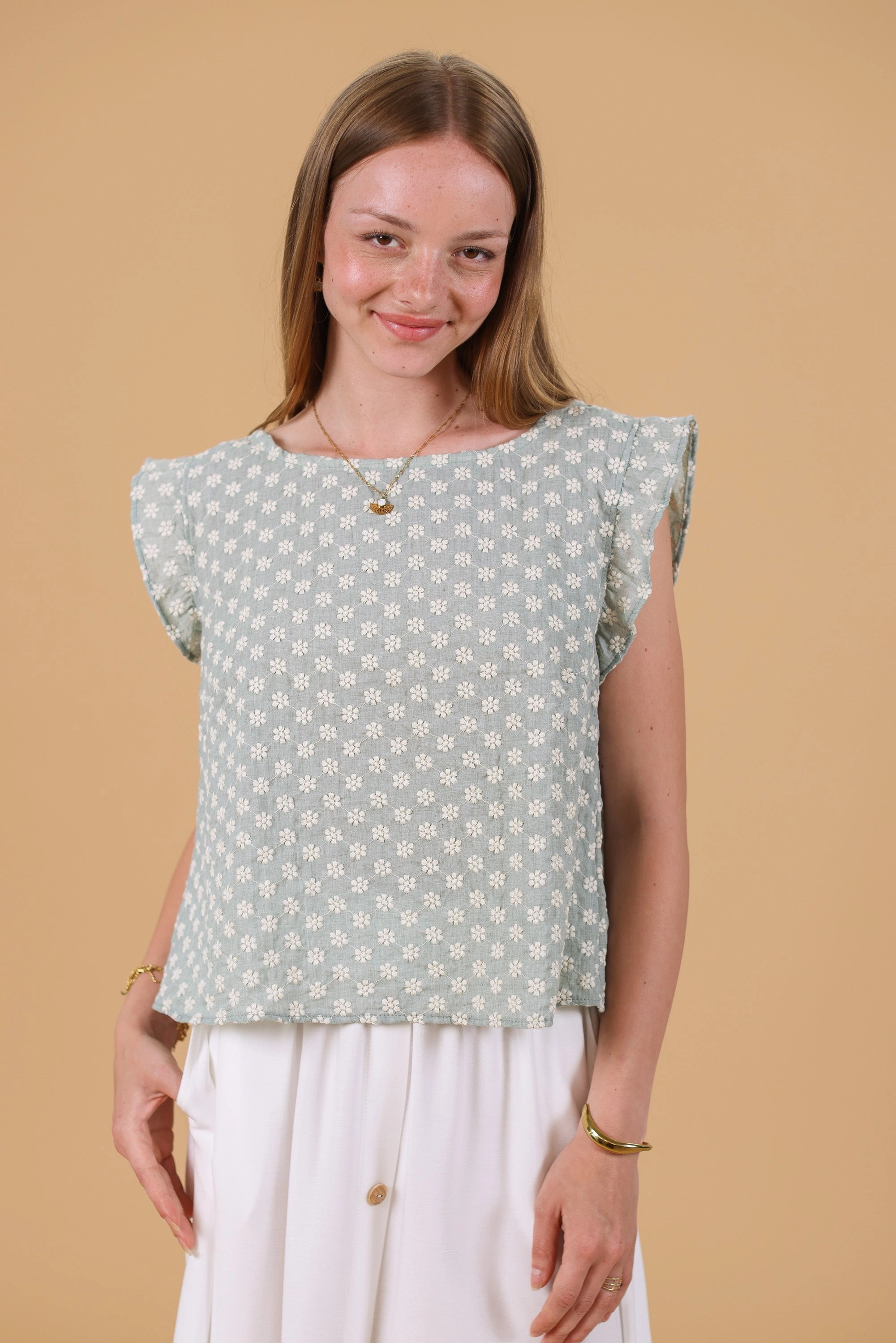 Contrast Stitch Detailing Anti Static Cloth Blend Top Vele Daisies