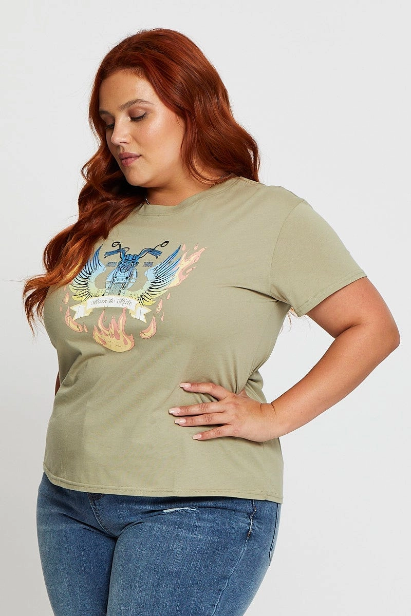 Light Casual Active Layering Green Graphic T-shirt Born To Ride Short Sleeve Cotton