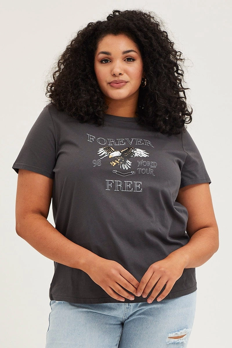 Grey Graphic T-shirt Short Sleeve Eagle Print Cotton Fuzz Free Surface ThermoregulatingFabric