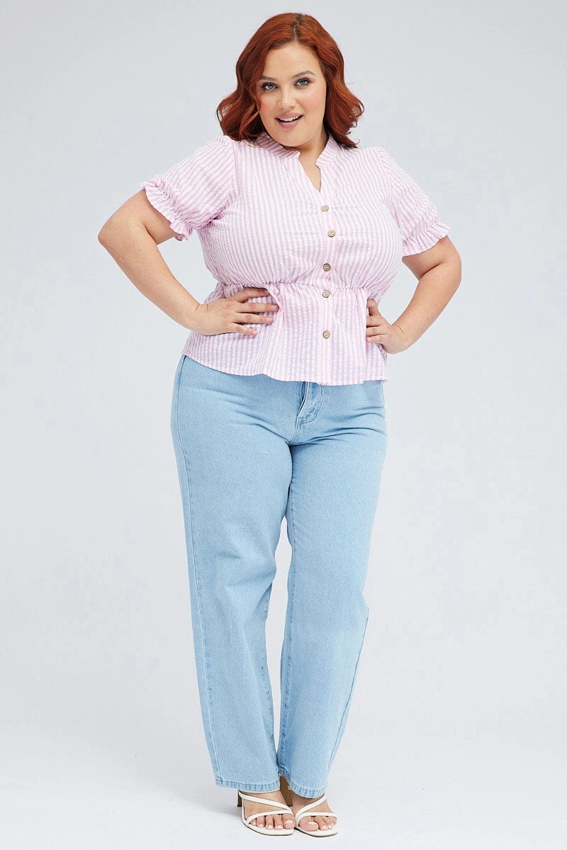 Pink Stripe Shirt Short Sleeve Banded Collar Elastic Waist Soft Collar Design Twill Weave