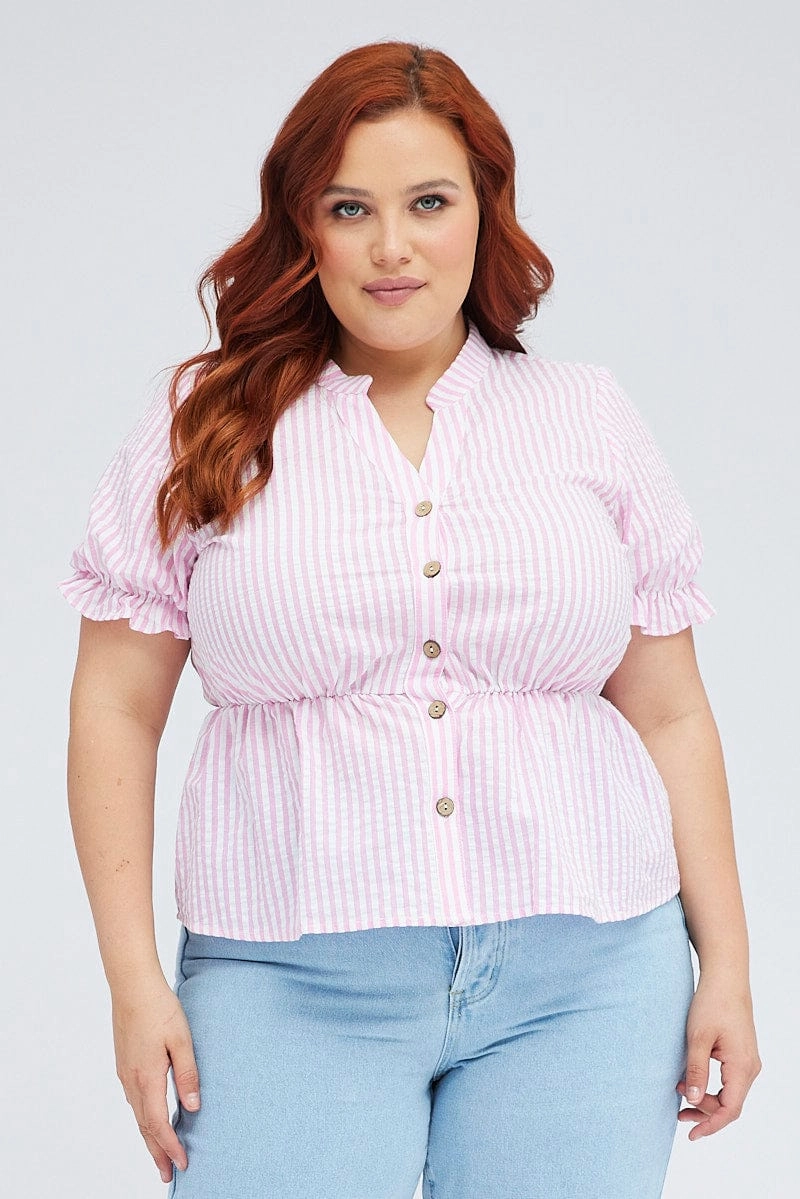 Pink Stripe Shirt Short Sleeve Banded Collar Elastic Waist Corporate Event