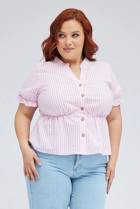 Pink Stripe Shirt Short Sleeve Banded Collar Elastic Waist Cooling Mesh Lining Comfort Fit