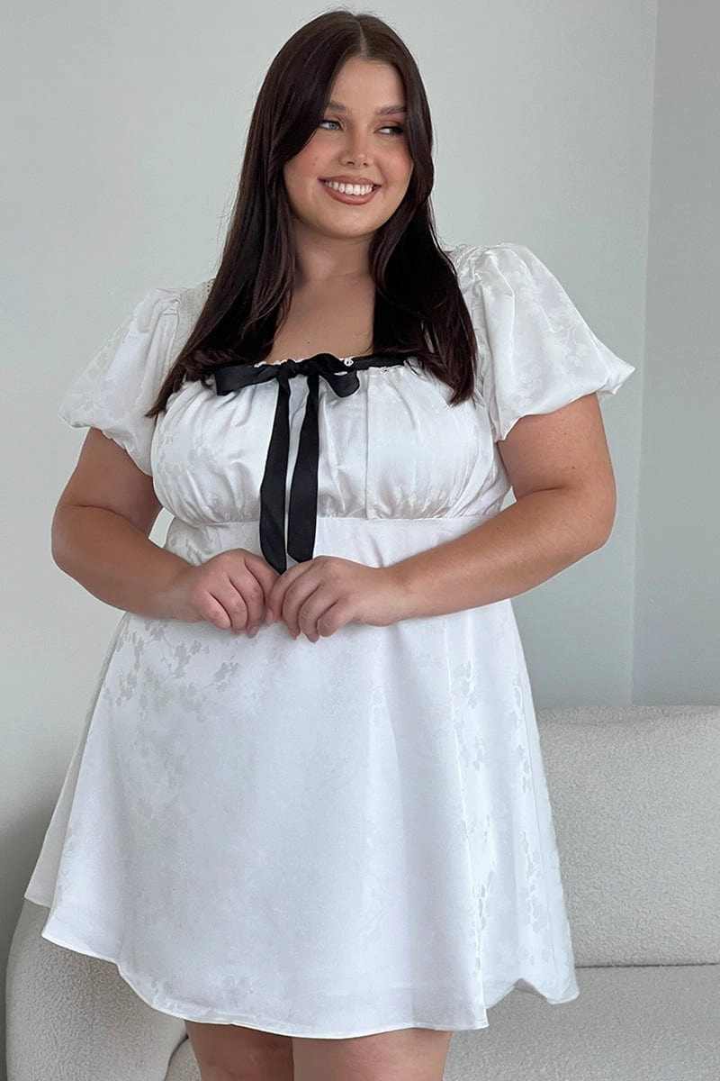 Evening-Wear White Ruched Bust Mini Dress Puff Sleeve Ribbon Detail