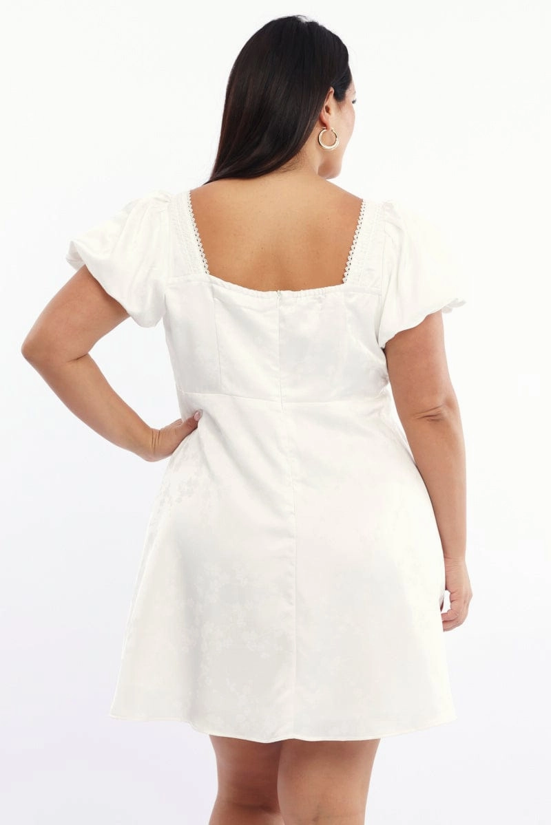 Calm Aesthetic White Ruched Bust Mini Dress Puff Sleeve Ribbon Detail