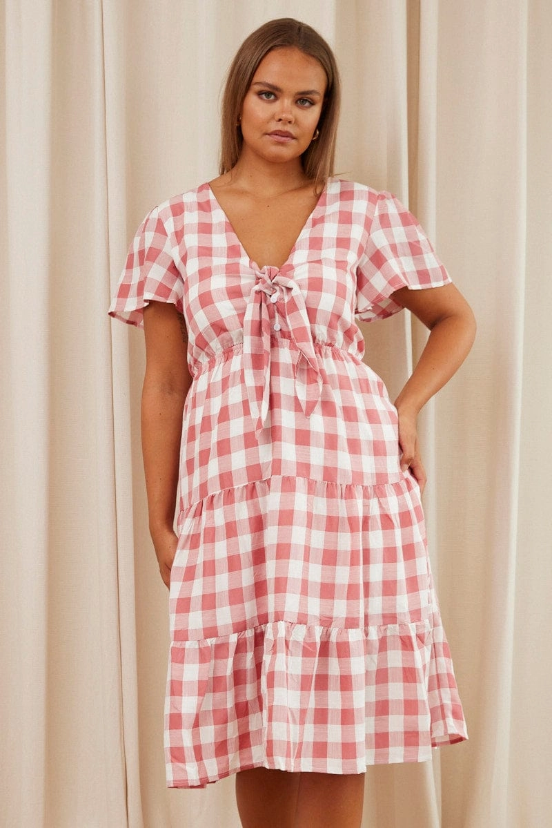 Urban appeal Solid-color Check Midi Dress V-neck Short Sleeve