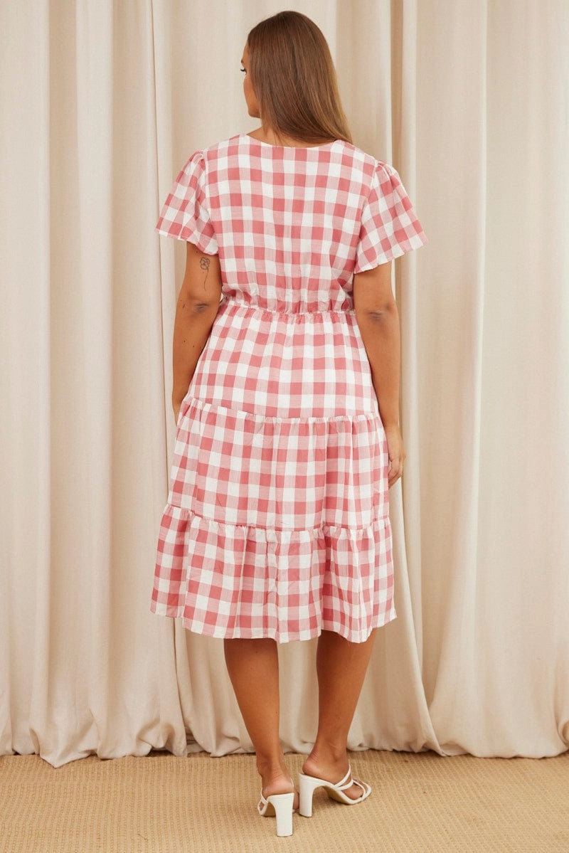 Night Style Check Midi Dress V-neck Short Sleeve