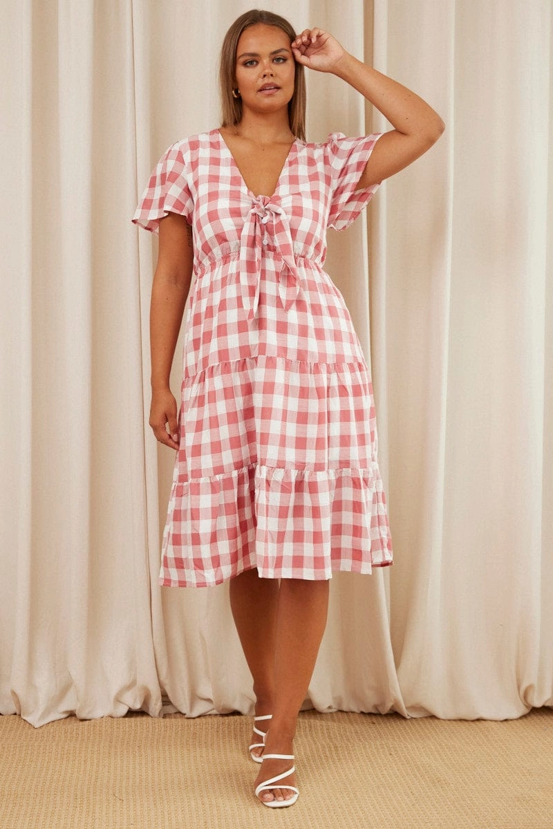 Work Fitwear Chic Everyday Wear Check Midi Dress V-neck Short Sleeve