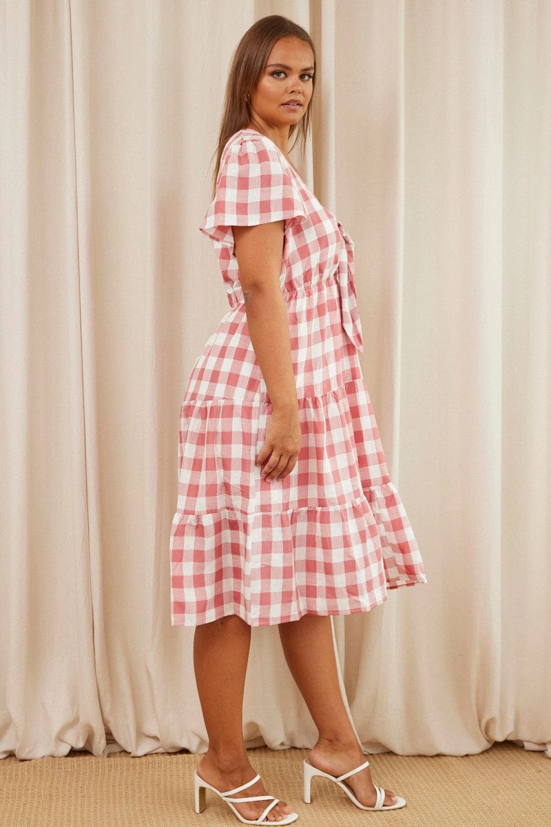 Check Midi Dress V-neck Short Sleeve Fashionable Layer Subtle pattern