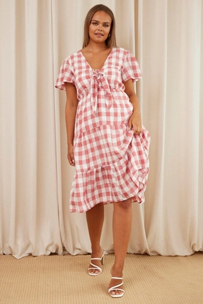 Check Midi Dress V-neck Short Sleeve skin friendly