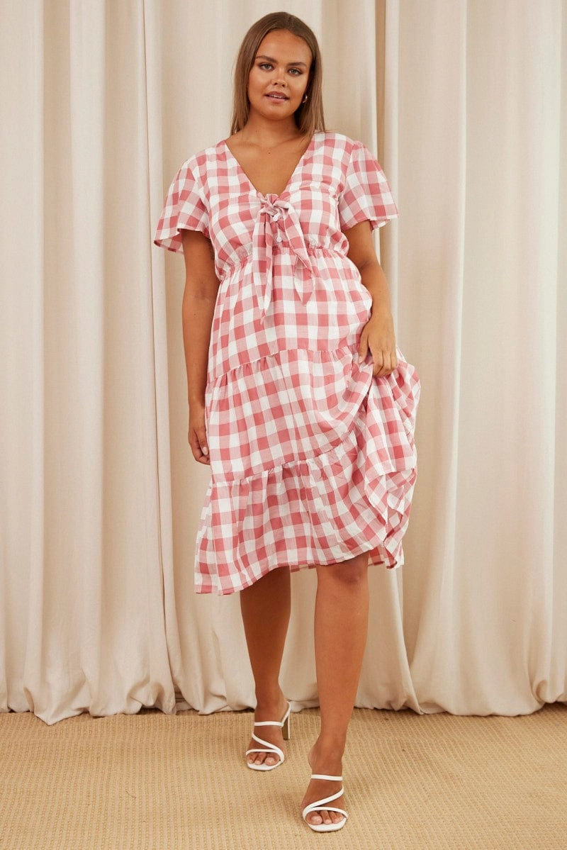 Check Midi Dress V-neck Short Sleeve skin friendly