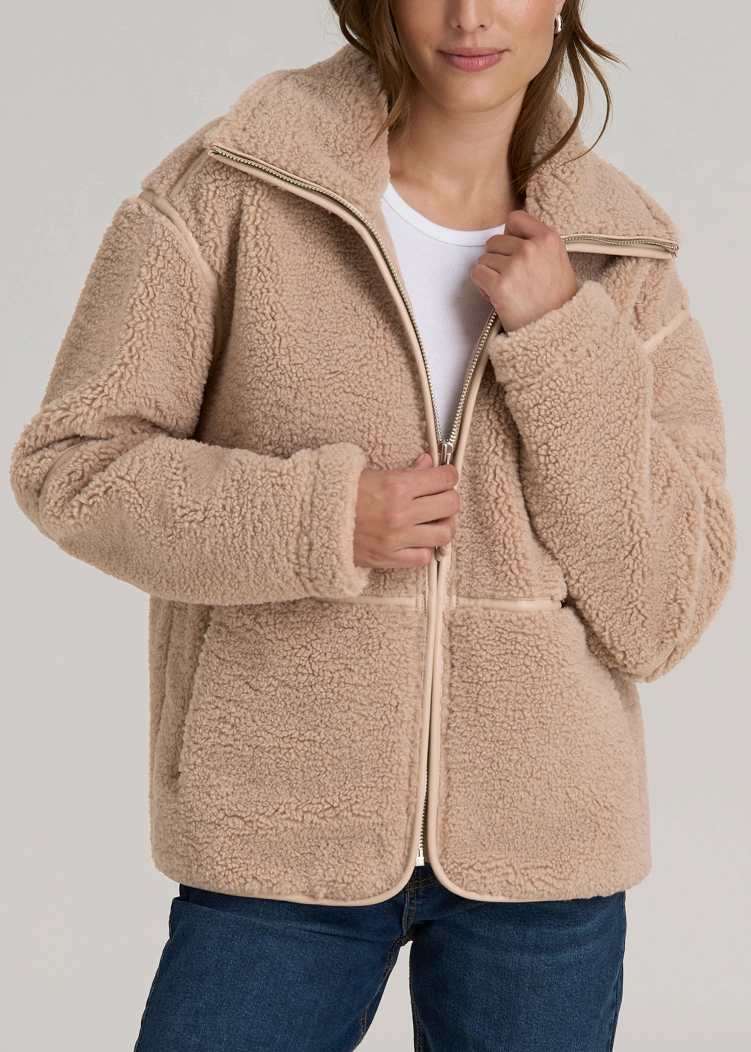 City Ready Style Relaxed Shearling Jacket for Tall Women in Warm Taupe