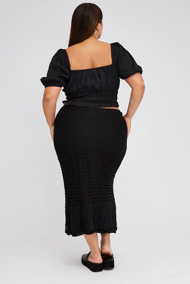 A Line Silhouette Black Crochet Long Skirt