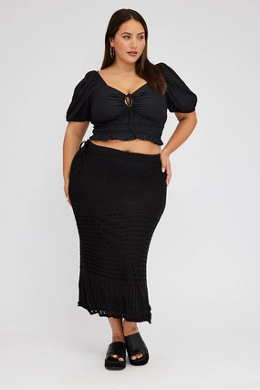 Comfort Waistline Black Crochet Long Skirt