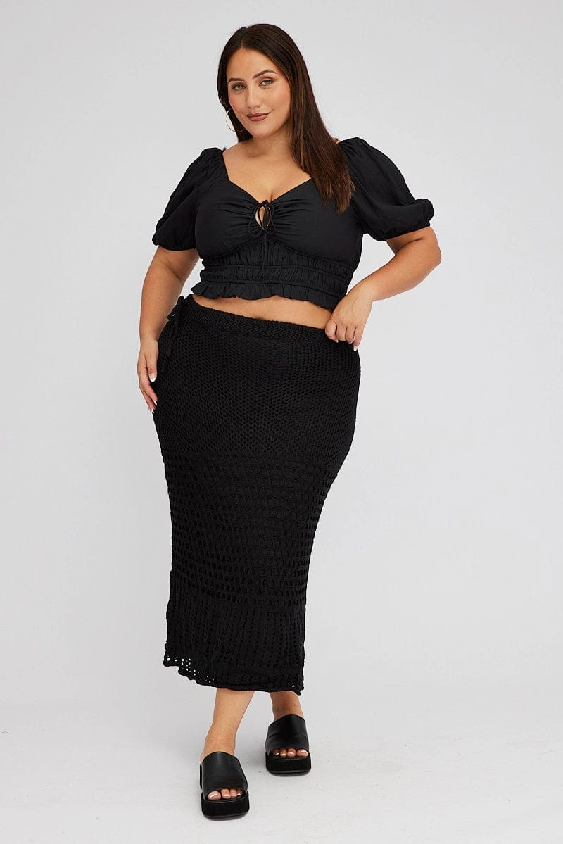 Faux Leather Summer Picnic Black Crochet Long Skirt