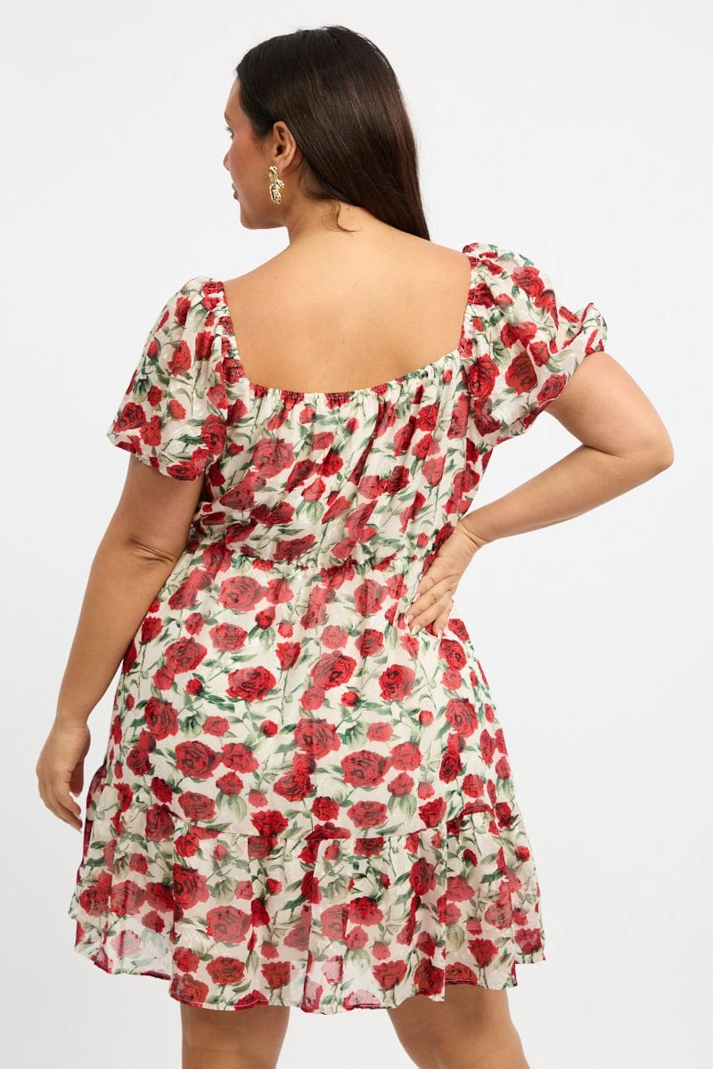 Calm Aesthetic Fashionable Cut Red Floral Lace Trim Sweetheart Frill Minidress