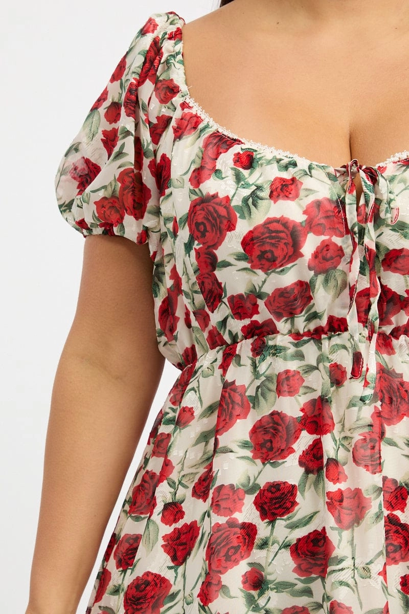 Soft Movement Red Floral Lace Trim Sweetheart Frill Minidress