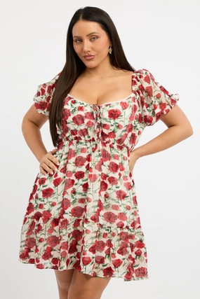 Cute Touch Red Floral Lace Trim Sweetheart Frill Minidress