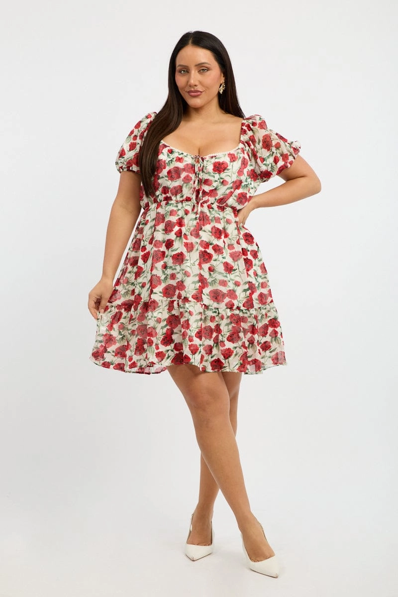 Modern Comfort Smile Soft Red Floral Lace Trim Sweetheart Frill Minidress