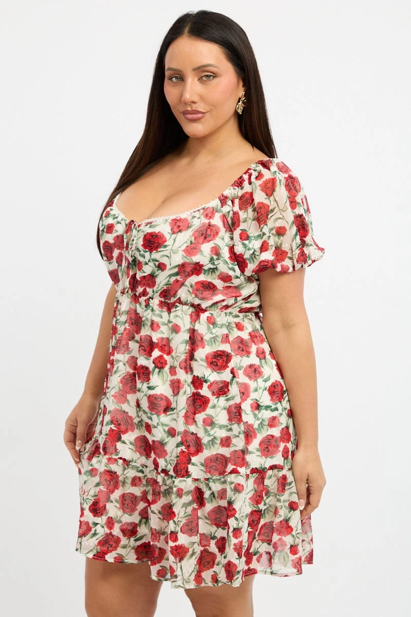 Red Floral Lace Trim Sweetheart Frill Minidress Lightweight-Lining Gentle Look
