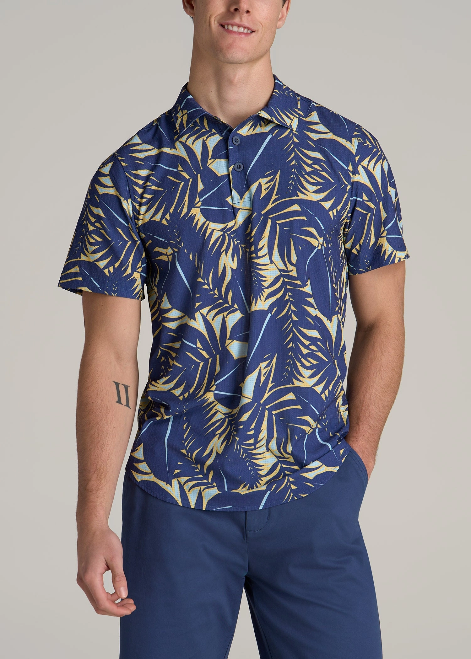 StretchKnit Coastal Perforated Tall Men's Polo Shirt in Twilight Blue Palms