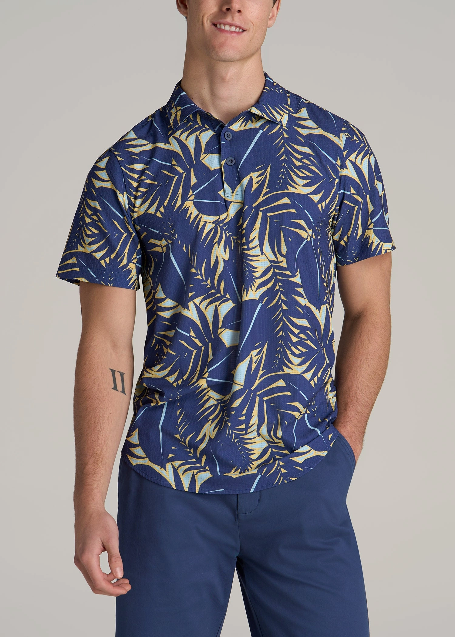 Coastal Perforated Tall Men's Polo Shirt in Twilight Blue Palms Easycare Breathable3DKnit