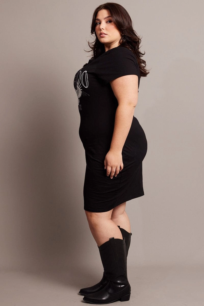 Daily Comfort Black Graphic Dress Short Sleeve Crew Neck