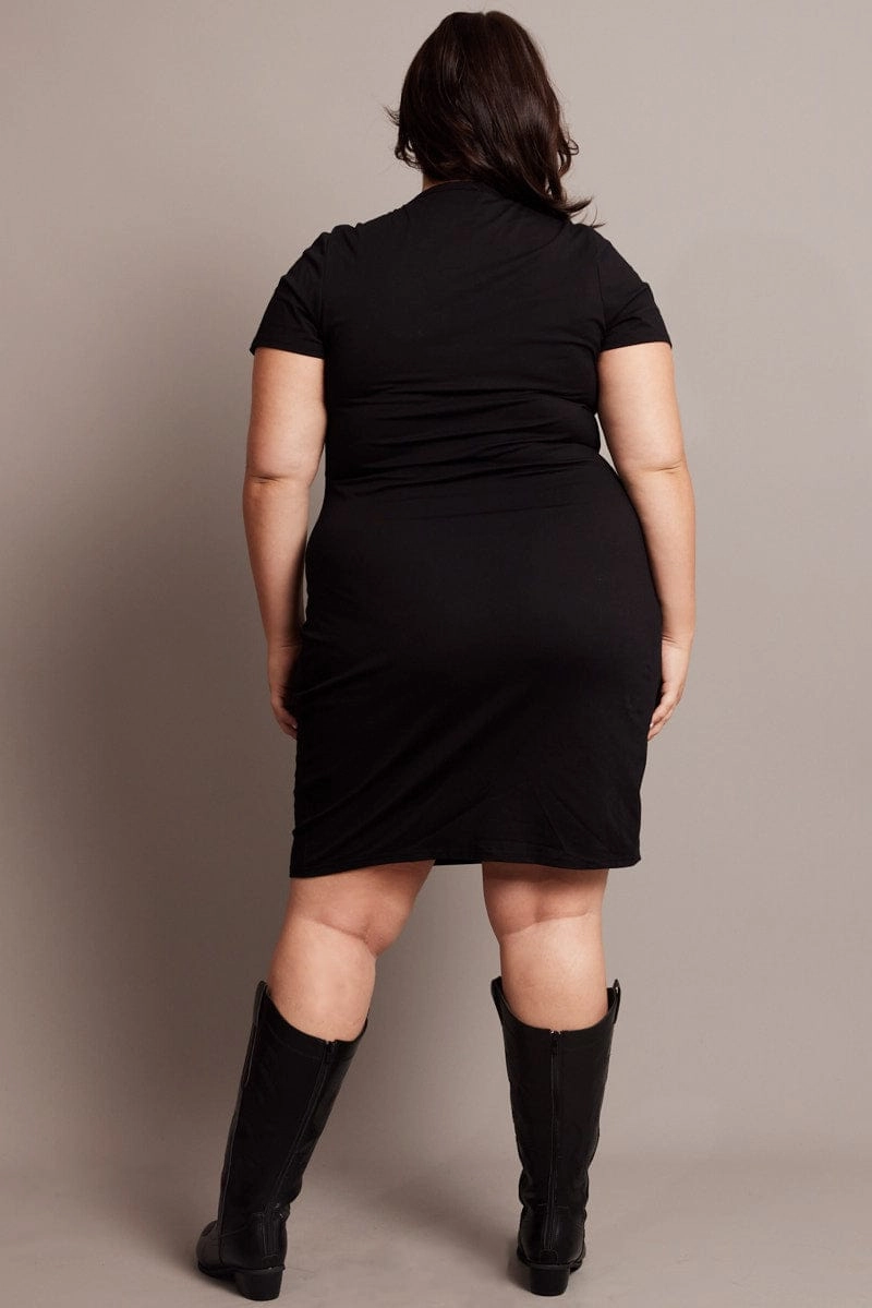 Black Graphic Dress Short Sleeve Crew Neck Cotton Blend