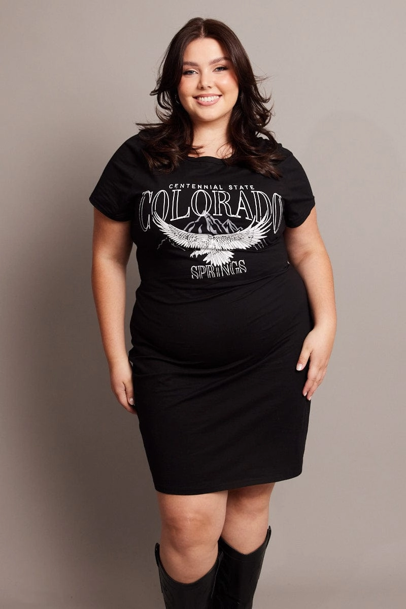 Sporty Active Wear Drop Shoulder Cut Black Graphic Dress Short Sleeve Crew Neck