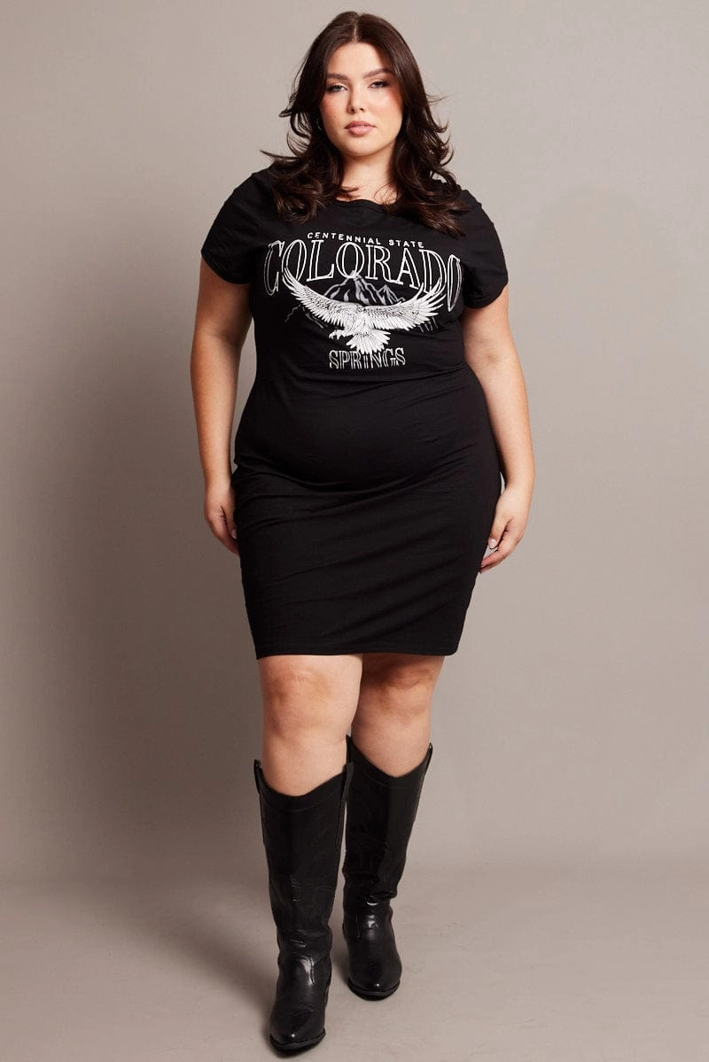 Black Graphic Dress Short Sleeve Crew Neck Anti Pilling Treatment Cozy Comfort